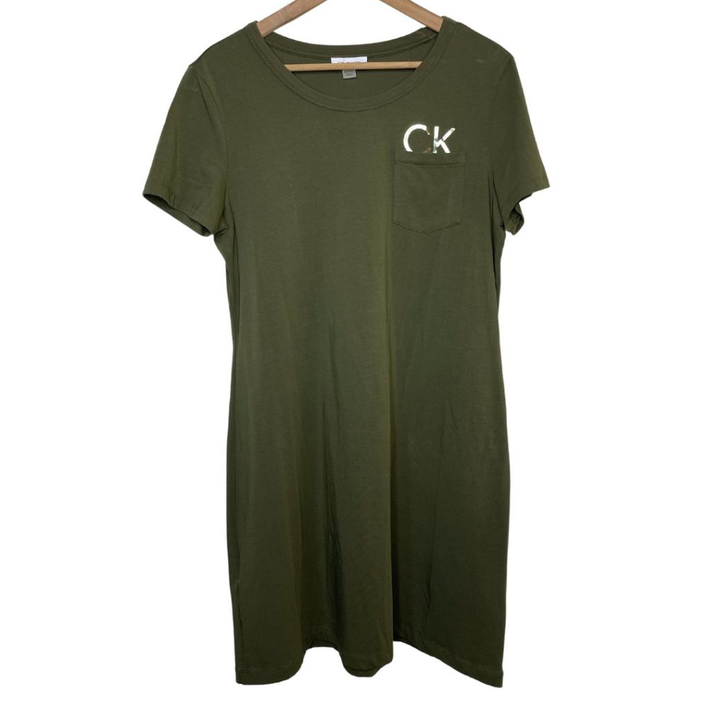 CALVIN KLEIN | Olive T-Shirt Dress with Gold Metallic Signature Pocket | Size L